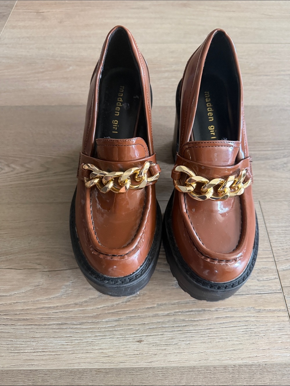 Madden Girl Brown Patent Loafers with Gold Chain